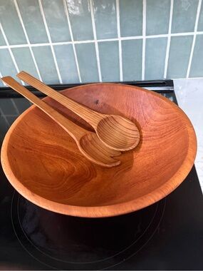 Large Hand-Turned Maple Wooden Serving Bowl and Utensil Set in Warm Brown